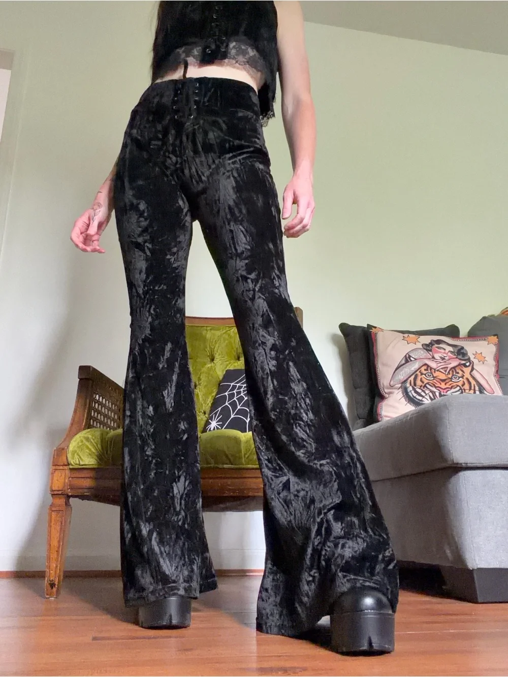 Killstar Black Crushed Velvet Lace-Up Flare Pants
